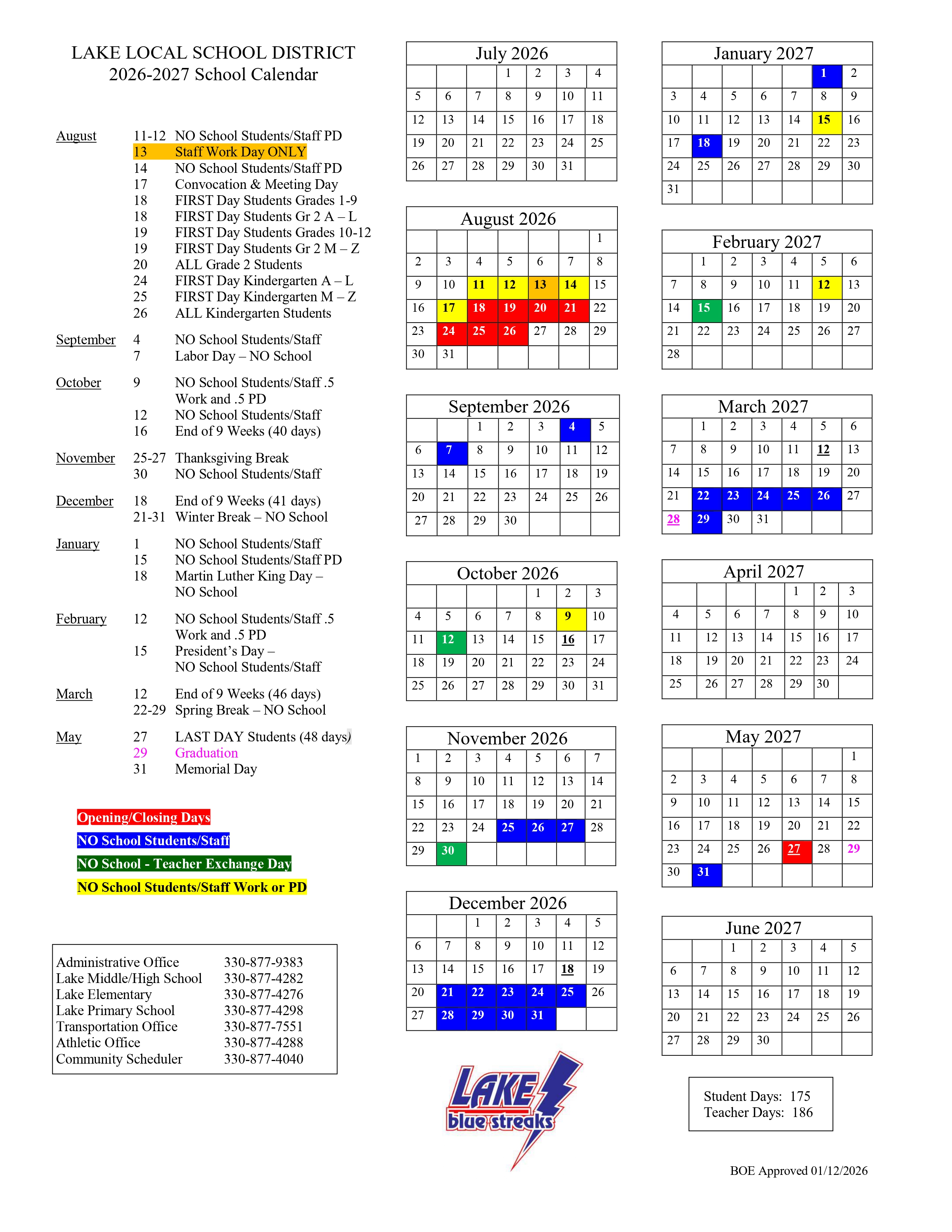 2026-2027 School Calendar